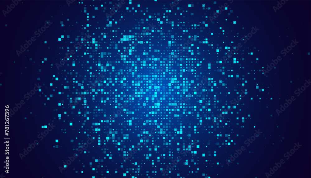 Poster Digital Pixel Explosion. Abstract Virtual Cyber Space Data Flow. Halftone Pixel Effect Round Explosion. Vector Illustration.