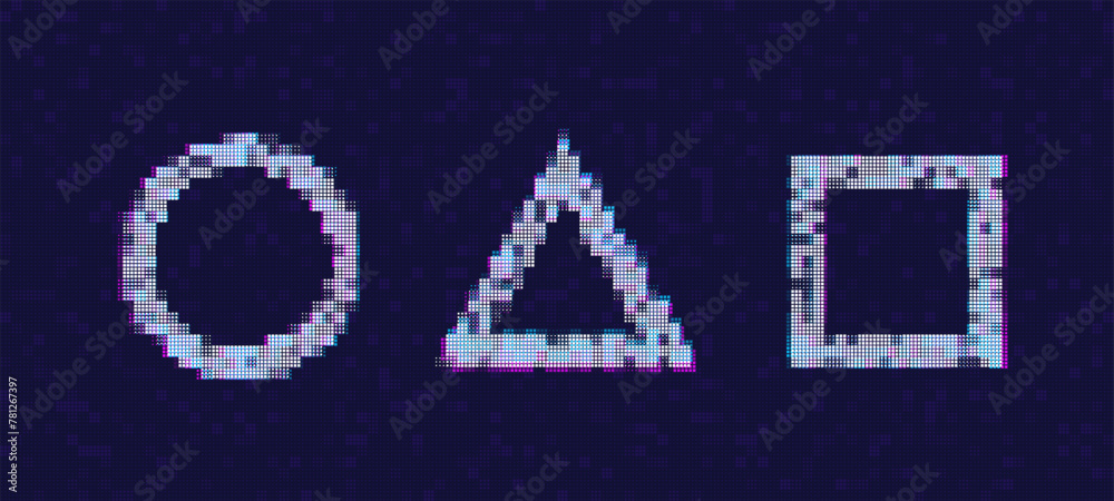 Poster Glitched Frames Geometric Design - Circle, Square, Triangle. Distorted Pixels Style Halftone Background. Glitch Design for Graphic Design - Banner, Poster, Flyer, Brochure, Card. Vector Illustration.