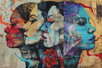 Vibrant artistic portrait of three intertwined faces with mixed media elements