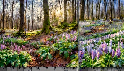 set of horizontal flip calendars with amazing landscapes in minimal style march 2024 first spring flowers blooming in forest colorrful morning scene of woodland glade with corydalis cava flowers