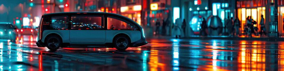 Futuristic vehicle cruises on a rain-soaked street at night, illuminated by vibrant city lights
