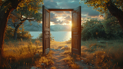 Open door revealing a scenic sunset landscape by the sea