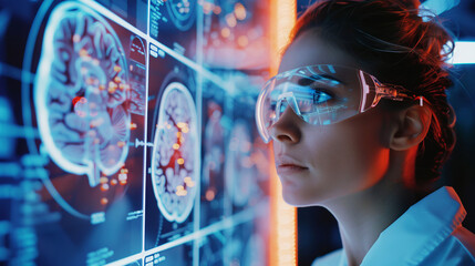 Naklejka premium Female scientist analyzing brain scans and neurological activity