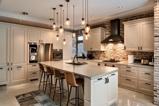 Spacious Modern Kitchen Interior with Island, White Cabinets, Brick Wall, and Pendant Lights