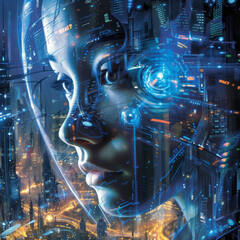 Futuristic cyborg woman overlayed with vibrant cityscape and digital elements - obrazy, fototapety, plakaty