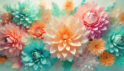 Foto auf Glas 3d render digital illustration colorful paper flowers wallpaper spring summer background floral bouquet isolated on white vibrant colors mint pink orange yellow © William