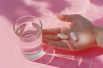 Two white pills next to a glass of water on a sunny day