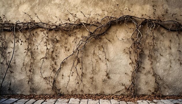 dry vines growing on a plain flat stucco wall clinging vine attached to the side of a building