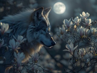 Enigmatic Wolf Illuminated by Luminous Magnolias Under Captivating Moonlight