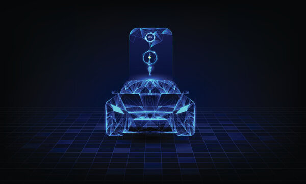 Technological advancement rechargeable EV car using alternative clean and sustainable energy.  Low poly wireframe vector illustration in futuristic hologram style.