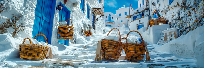 Santorinis Iconic Beauty, A Mosaic of White Architecture and Blue Domes Framed by the Aegean Sea - obrazy, fototapety, plakaty