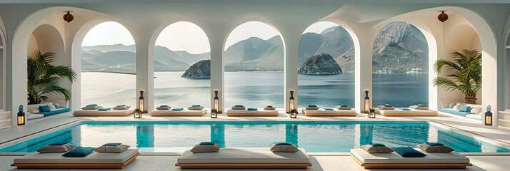 Santorinis Seaside Splendor, A Luxurious Greek Resort Where Infinity Pools Meet the Azure Aegean - obrazy, fototapety, plakaty