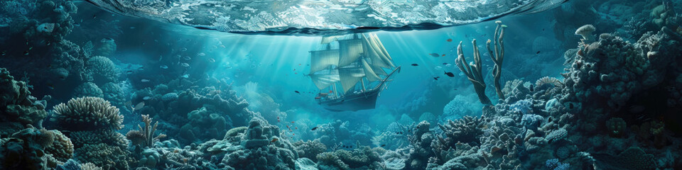 A serene underwater scene showcasing a shipwreck surrounded by vibrant coral life and crystal-clear water
