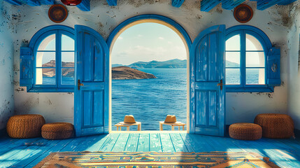 Santorinis Sun-Kissed Beauty, Where Greek Traditions Meet the Azure Embrace of the Aegean Sea - obrazy, fototapety, plakaty
