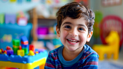 A cheerful young boy with a bright smile, in a colorful playroom, his joy infectious, highlighting innocence and the simplicity of play. Banner. Copy space