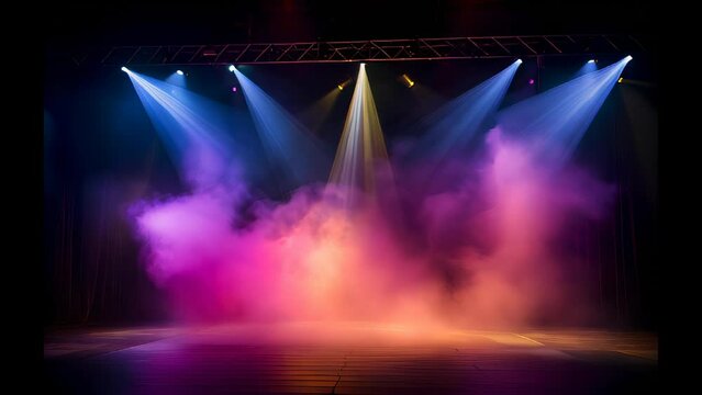 A stage with colorful lights and smoke. The lights are in different colors and are shining on the stage. The stage looks like it is ready for a performance