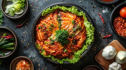 Authentic Korean homemade napa cabbage kimchi, top view, showcasing the vibrant colors and textures of Korean cuisine in 8K , 8K , high-resolution, ultra HD,up32K HD