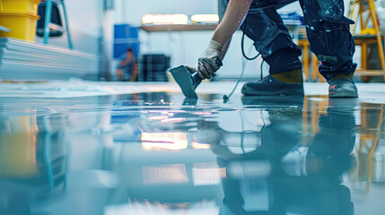 worker making Epoxy and waxed floor