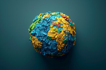 Overproduction concept - earth made of colorful t-shirts, solid color background