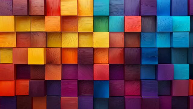 A colorful wall made of wooden blocks. The blocks are in different colors and sizes
