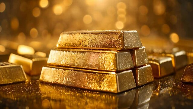 A stack of gold bars with a shiny, reflective surface. The bars are piled on top of each other, creating a sense of height and importance. The image conveys a feeling of wealth and luxury