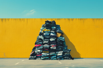 Overproduction and fast fashion concept - high pile of clothes in front of yellow wall - 781269109