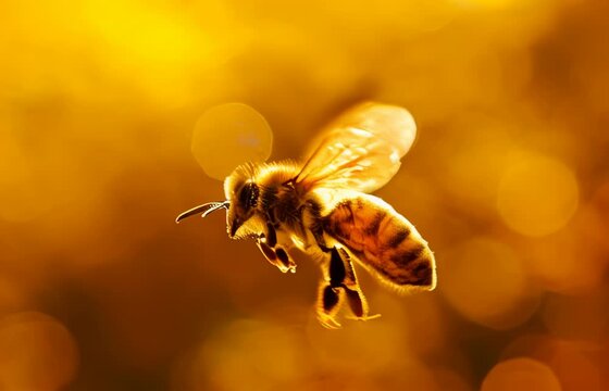 A bee is flying in the air with its wings spread out. The image has a warm and lively feeling, as the bee is a symbol of nature and the outdoors