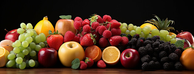 wide panoramic vegetarian banner with different types of fruits on a table in black background   