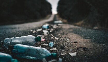 abandoned road overwhelmed by plastic bottle waste an abandoned road overwhelmed by plastic bottles signifies a pressing environmental concern - obrazy, fototapety, plakaty