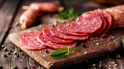 Sliced salami on cutting board with pepper and peppercorn