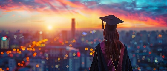 Dreamy 8K backdrop of a cityscape with a graduated woman in focus, her attire a symbol of academic success and the pursuit of passion , 8K , high-resolution, ultra HD,up32K HD - obrazy, fototapety, plakaty