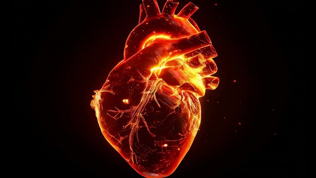 A heart is shown in a black background with a red glow. The heart is surrounded by flames, giving it a fiery and intense appearance. Concept of passion and intensity