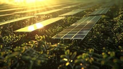 Depict a field of solar panels glistening under the sun's rays, a 3D portrayal of our commitment to a cleaner, sustainable energy source. - obrazy, fototapety, plakaty