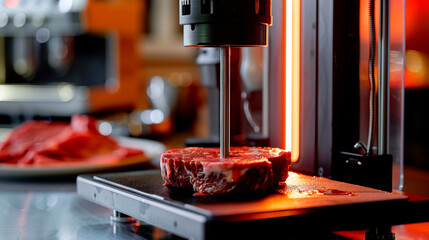 A 3D food printer precisely layering a steak, representing a blend of culinary arts and technological innovation in modern gastronomy. Banner. Copy space