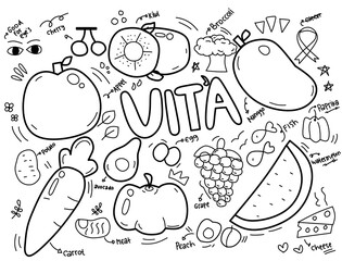 set of vegetables fruit Doodle icon vector vitamin a