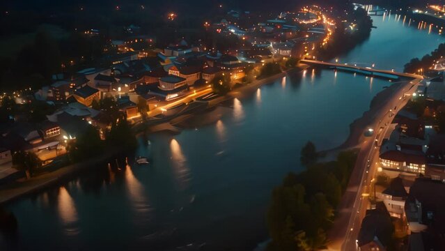 Aerial view of beautiful nightscape by the river. 4k video animation