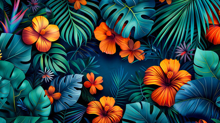 Seamless Hawaiian Floral Pattern, Rich with Tropical Hibiscus and Palm Leaves, Perfect for Vibrant Textile Designs