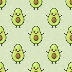 Avocado kawaii vector seamless pattern. Stylized vector character with smiling face, hands and legs on green background.