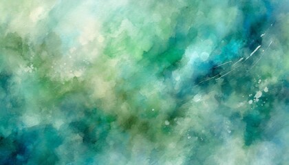 green watercolor background painting on paper texture pastel blue green colors in blotches and...