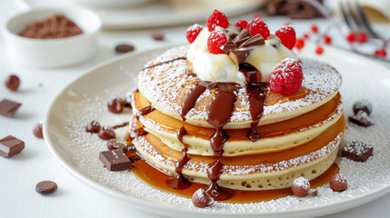 Decadent chocolate pancakes with raspberries, chocolate shavings, and a generous syrup drizzle on a white plate, a sumptuous dessert or brunch option with space for design use. Dessert concept 