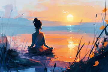 A woman meditating by a tranquil lake at sunrise, surrounded by peaceful nature.