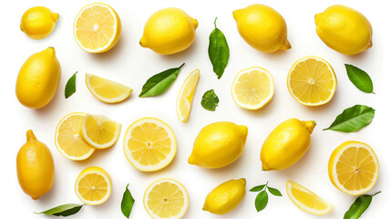 Set of fresh lemons isolated on white background, top view, showcasing a bright collection of citrus fruit arranged to highlight their vibrant yellow color and fresh, zesty appeal. 