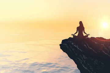 A peaceful silhouette of a woman practicing yoga on a cliff overlooking the vast ocean during sunset, creating a serene and calming atmosphere.