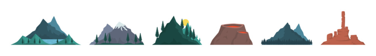 Various mountains many illustrations. Set of elements of mountain nature silhouette. Nature landscape, volcano, hilltops, iceberg, mountain range, mound. Outdoor travel, adventure, tourism.
