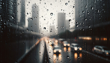 Gouttes de pluie sur la vitre d'une journée pluvieuse en ville - Powered by Adobe
