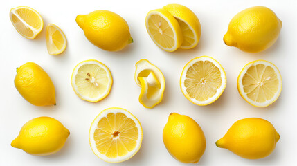 Set of fresh lemons isolated on white background, top view, showcasing a bright collection of citrus fruit arranged to highlight their vibrant yellow color and fresh, zesty appeal. 