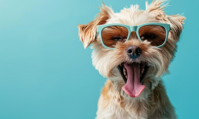 Quirky banner: A stylish Italian lap dog donning sunglasses, cheekily poking out its tongue against a serene blue background - Powered by Adobe
