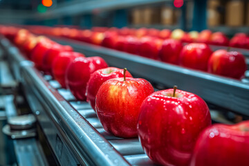 Clean and fresh apples on a conveyor belt in a fruit packaging warehouse - obrazy, fototapety, plakaty