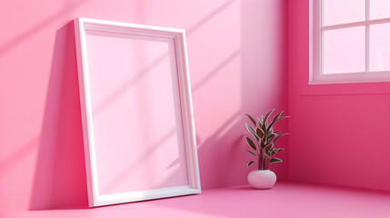 white picture frame, close-up, simple soft pink background, top view, clean background, minimalist