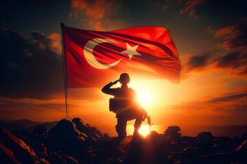 Silhouettes of soldiers saluting on background of sunset or sunrise and Turkish flag.  Memorial Day, Independence Day, greetings, generative ai